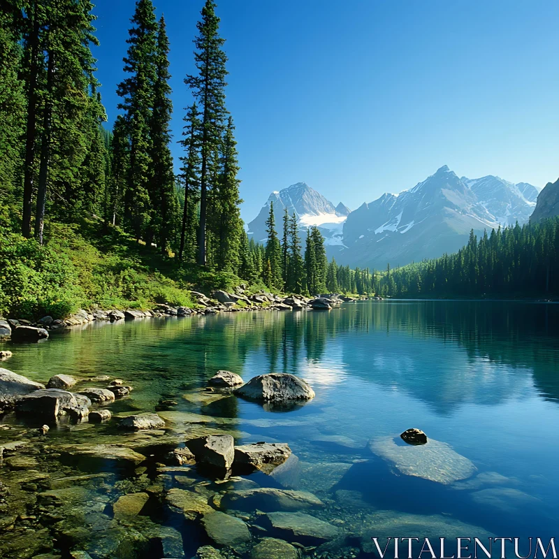 Tranquil Mountain Lake with Pine Trees AI Image