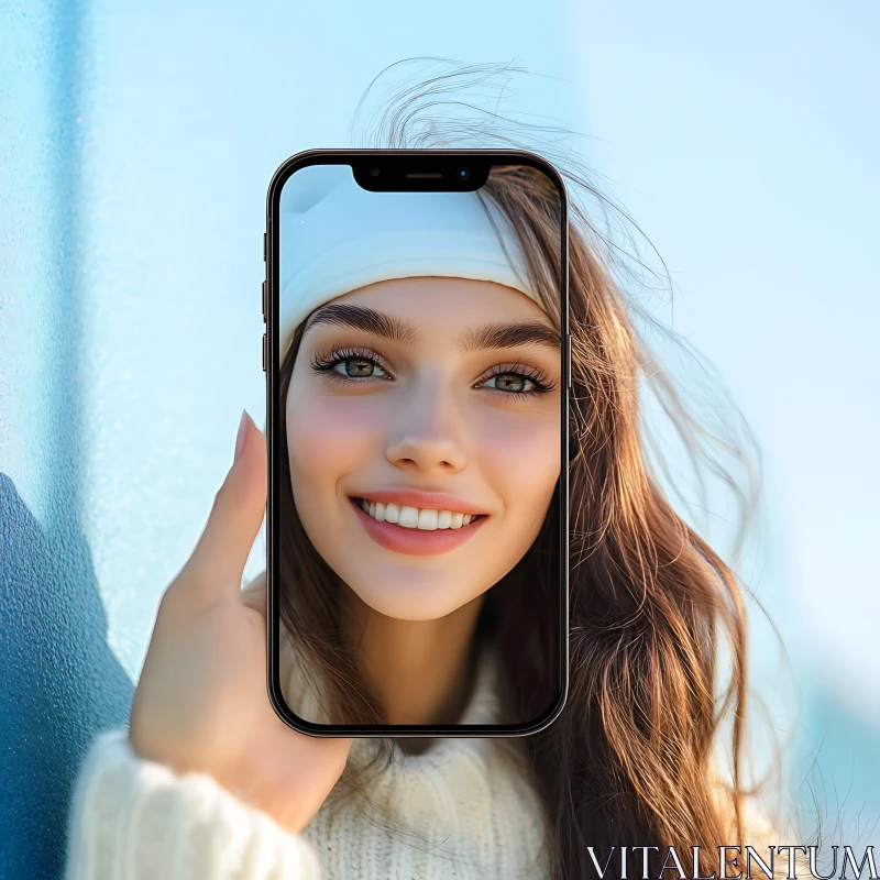 Smiling Woman Posing with Smartphone AI Image