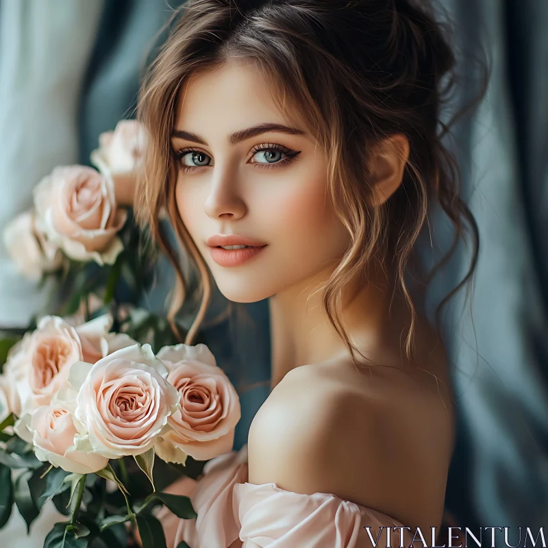 Woman with Pastel Pink Roses Portrait AI Image