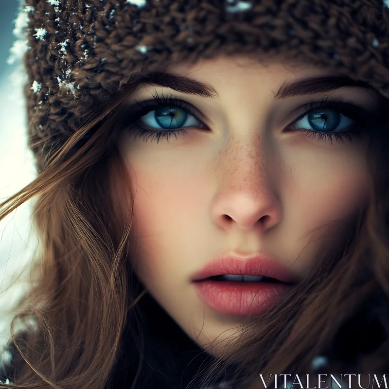 Winter Portrait of a Woman with Freckles and Snow AI Image