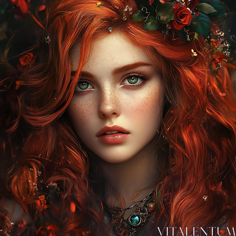 Portrait of Freckled Woman with Flowers in Hair AI Image