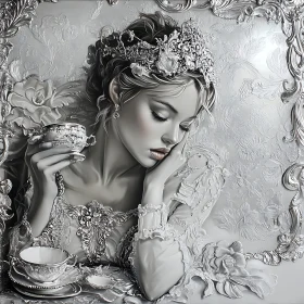 A Woman in Ornate Attire Dreaming with a Teacup