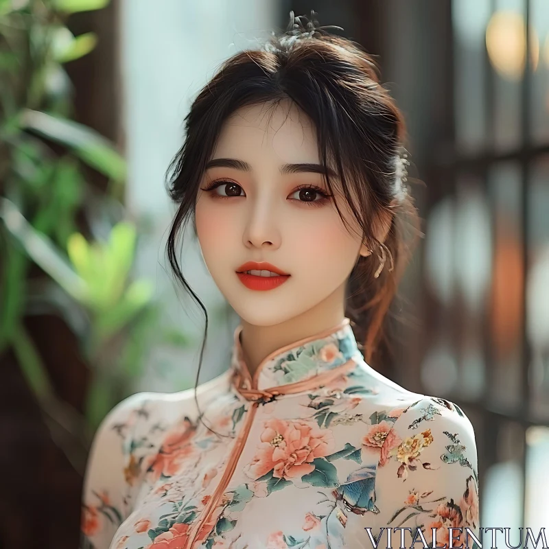 Portrait of a Woman in Traditional Floral Attire AI Image