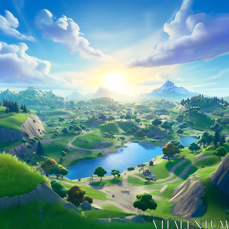 Picturesque Sunset Over a Green Valley AI Image