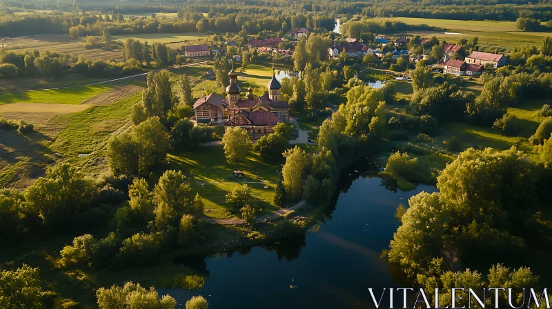 Scenic Aerial Landscape with Church and River AI Image