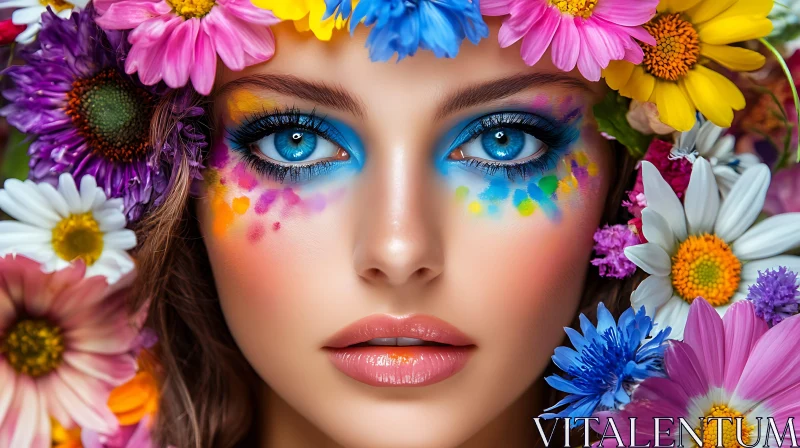 AI ART Vibrant Flower Adorned Woman with Artistic Makeup