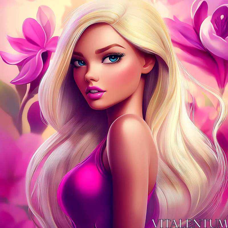 Blonde Beauty in Floral Pink Backdrop AI Image