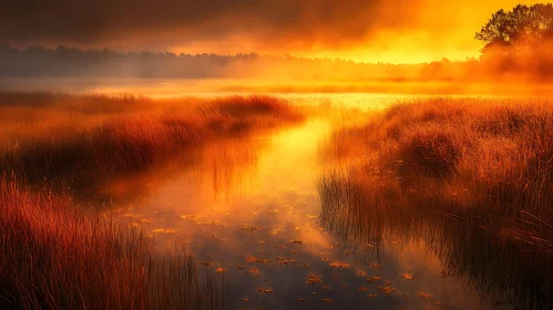 Misty Sunset With Golden Reeds