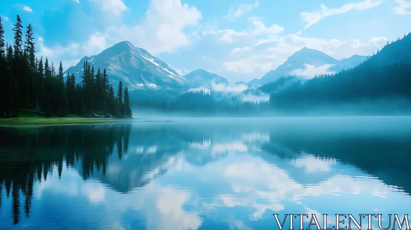 Peaceful Lake Scene with Mountains and Forest AI Image