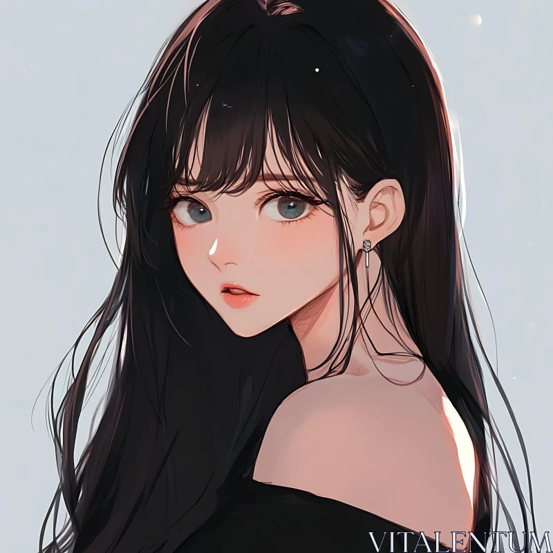 Digital Painting of Anime Girl with Expressive Eyes and Black Hair AI Image