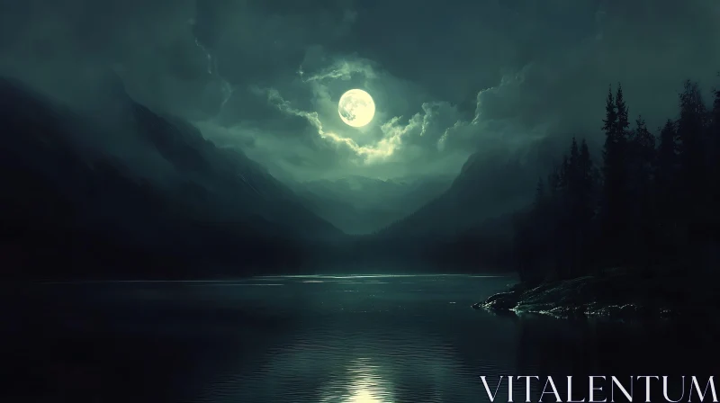 Moonlit Serenity Over a Misty Mountain Lake AI Image