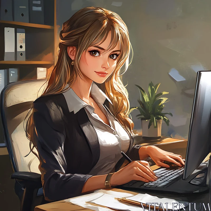 Businesswoman at Work in Office Illustration AI Image