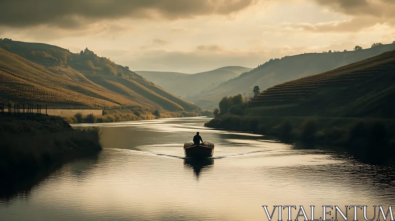 Solitary Boat on Tranquil Evening River AI Image