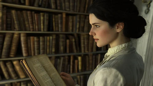 Woman in Vintage Library Immersed in Book