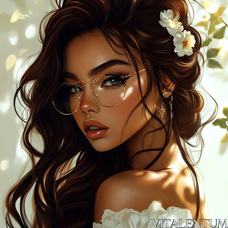 AI ART Stylish Woman Portrait with Flowers and Glasses