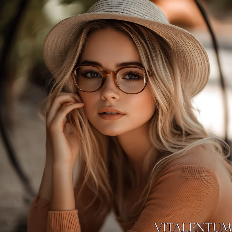 Thoughtful Blonde Woman Wearing Hat and Glasses AI Image