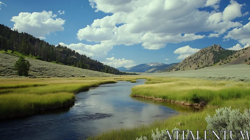 Serene Meadow River Scene AI Image