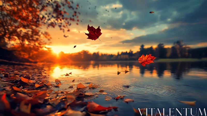 Serene Autumn Sunset with Leaves Over a Reflective Lake AI Image