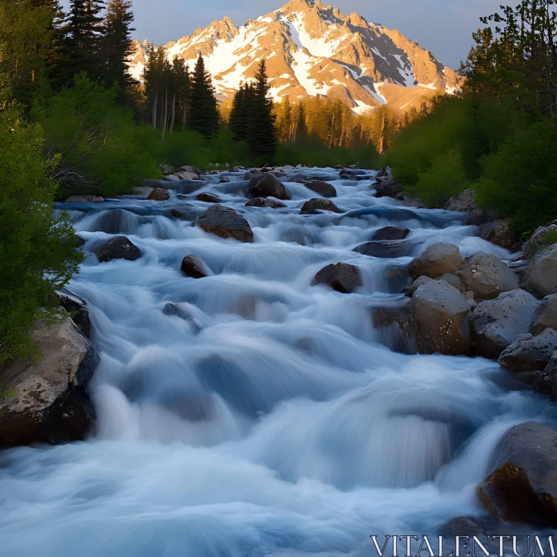 Sunset Over Majestic Mountain Waterfall and Rapids AI Image