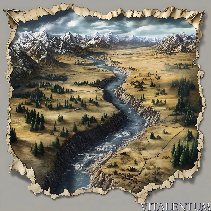 River Valley Surrounded by Majestic Mountain Range AI Image