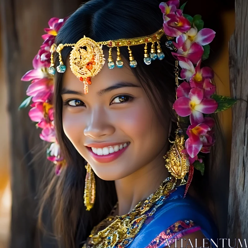 Traditional Portrait of a Smiling Woman with Floral Accents AI Image