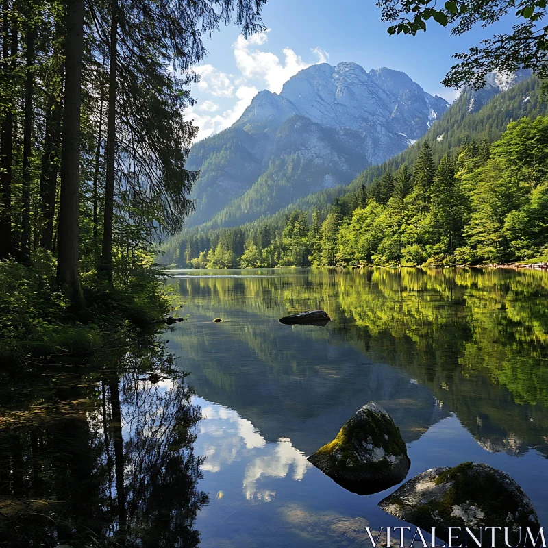 Tranquil Mountain Lake in a Forest Setting AI Image