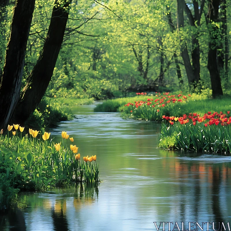 Forest Creek and Colorful Tulip Garden AI Image