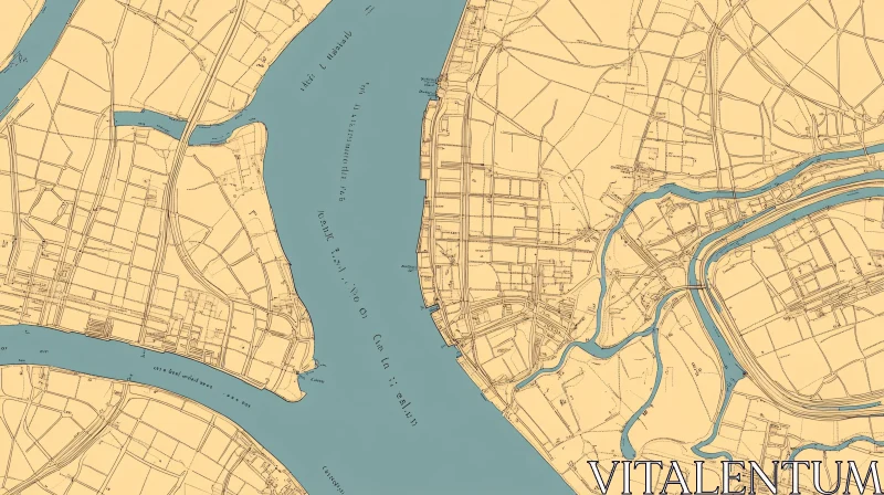 AI ART Vintage Cartographic Map of Historic City and River