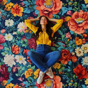 Woman in Yellow Shirt Lying on Colorful Floral Pattern