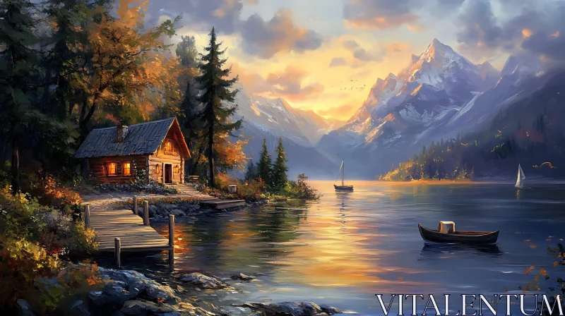 Tranquil Lakeside Scene with Cabin and Boats at Sunset AI Image