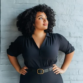 Confident Woman with Curly Hair in Black Dress