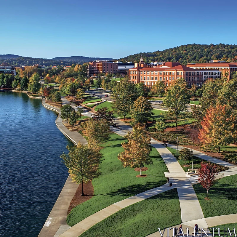 University Campus Pathways and Autumn Trees AI Image