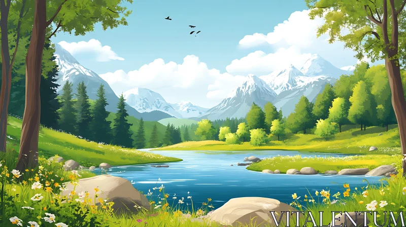 Tranquil River and Mountain View AI Image