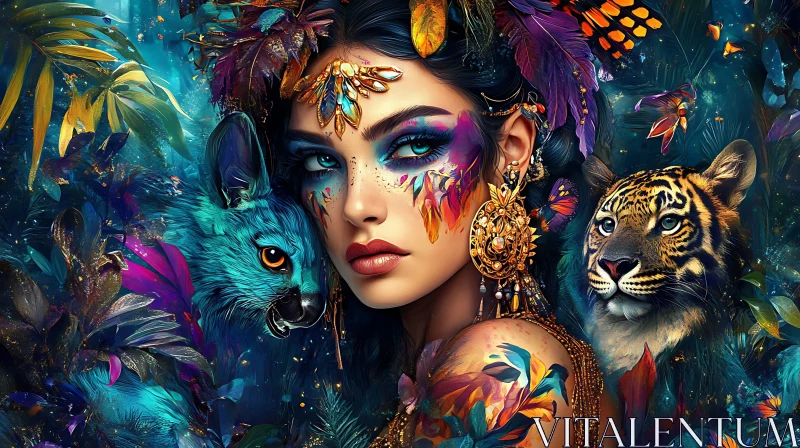 AI ART Enchanted Forest Woman with Colorful Animals