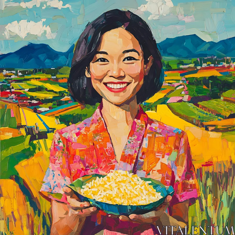 Smiling Woman with Rice Bowl in Colorful Landscape AI Image