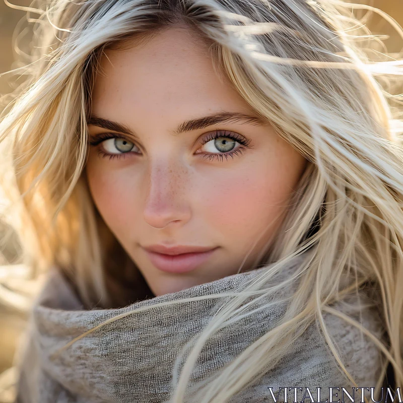 Portrait of a Blonde Woman with Blue Eyes and Scarf AI Image