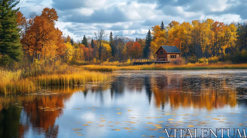 Colorful Autumn Landscape with Cozy Cabin AI Image