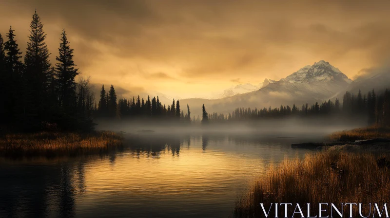 Mist-Covered Lake with Pine Trees and Snowy Peaks AI Image