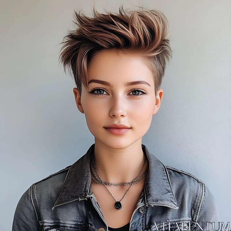 Modern Portrait of Woman with Short Hair in Denim Jacket AI Image