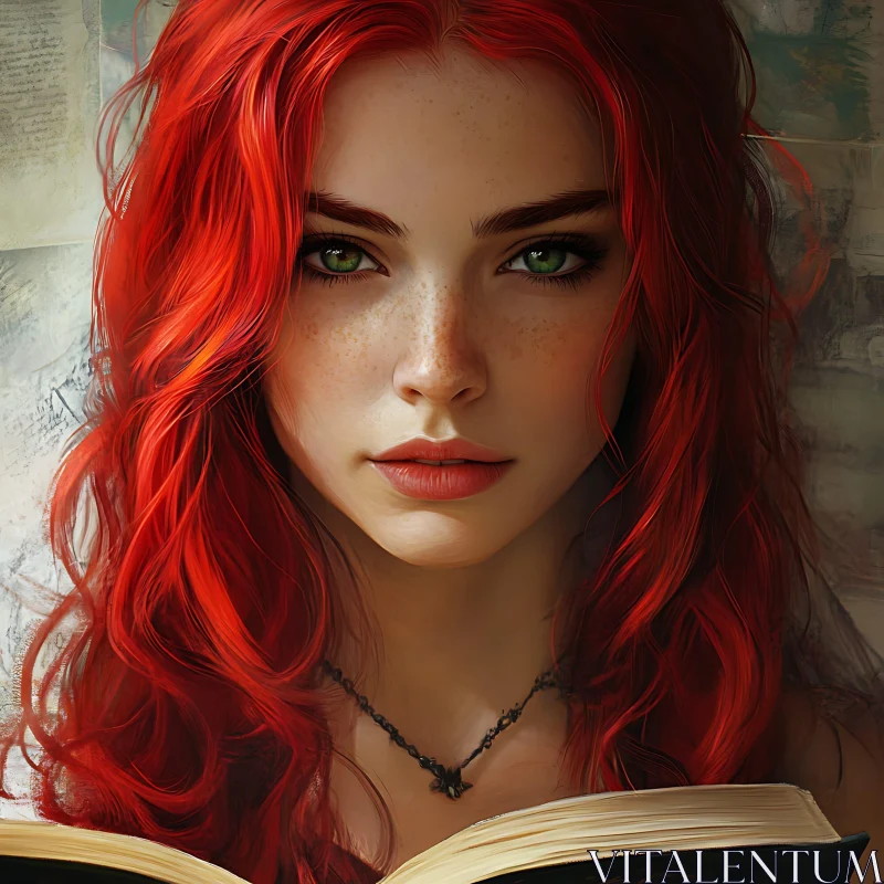 Young Woman with Red Hair and Green Eyes Reading AI Image