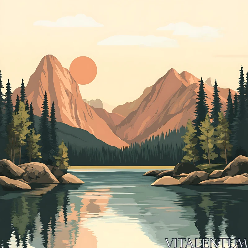 Tranquil Lake Reflection of Mountains at Dusk AI Image