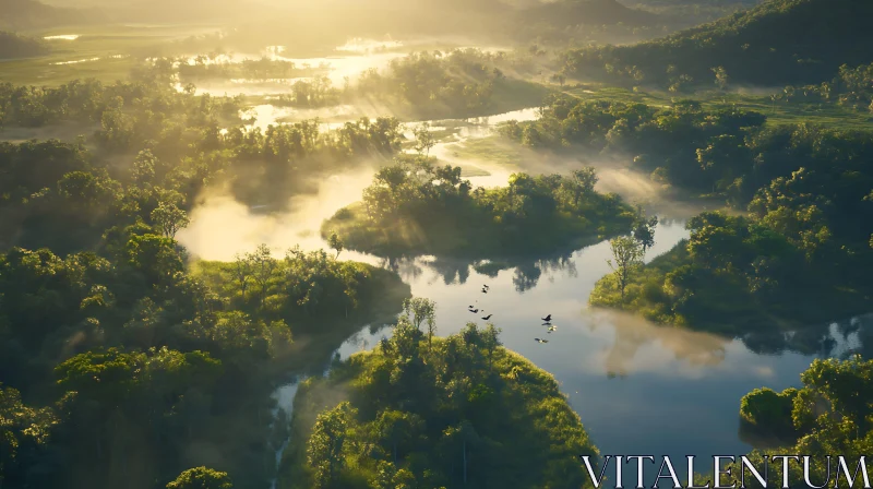 Misty Morning Light and Reflection Over Scenic Waters AI Image