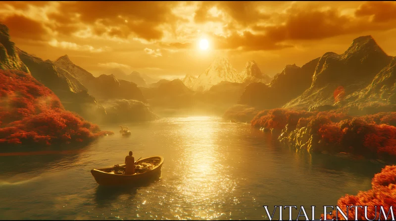 Sunset Boat Ride on Tranquil River Amidst Glowing Mountains AI Image