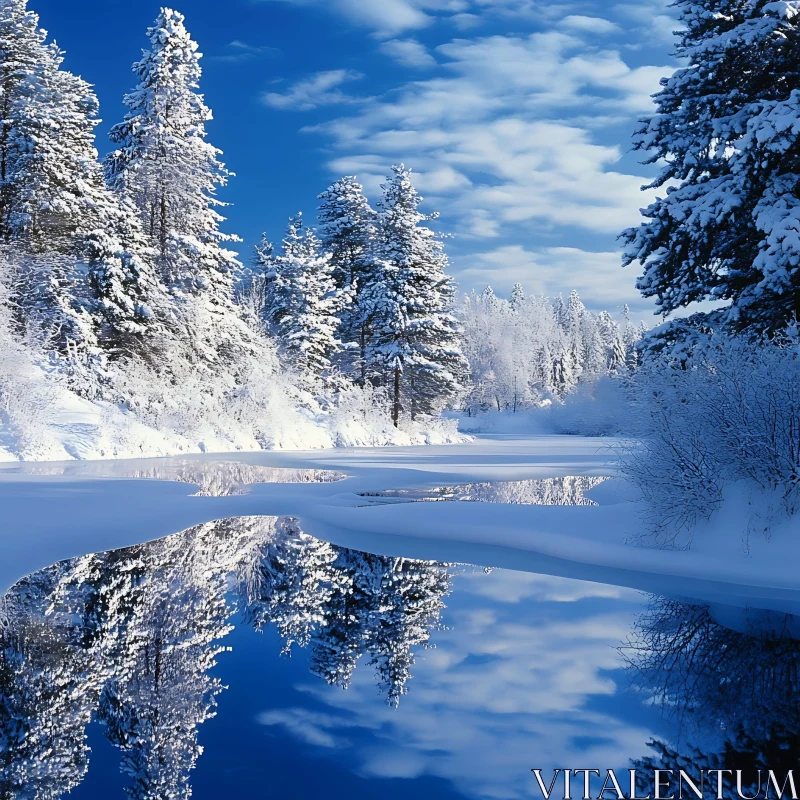 Snow-Covered Trees Mirror in a River during Winter AI Image