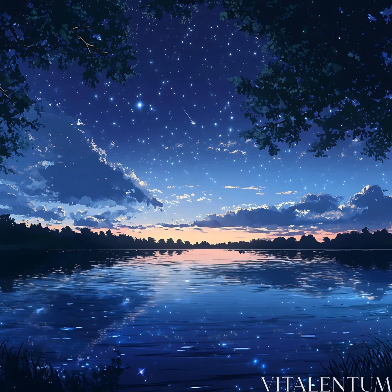 Starry Night Over Calm Lake AI Image