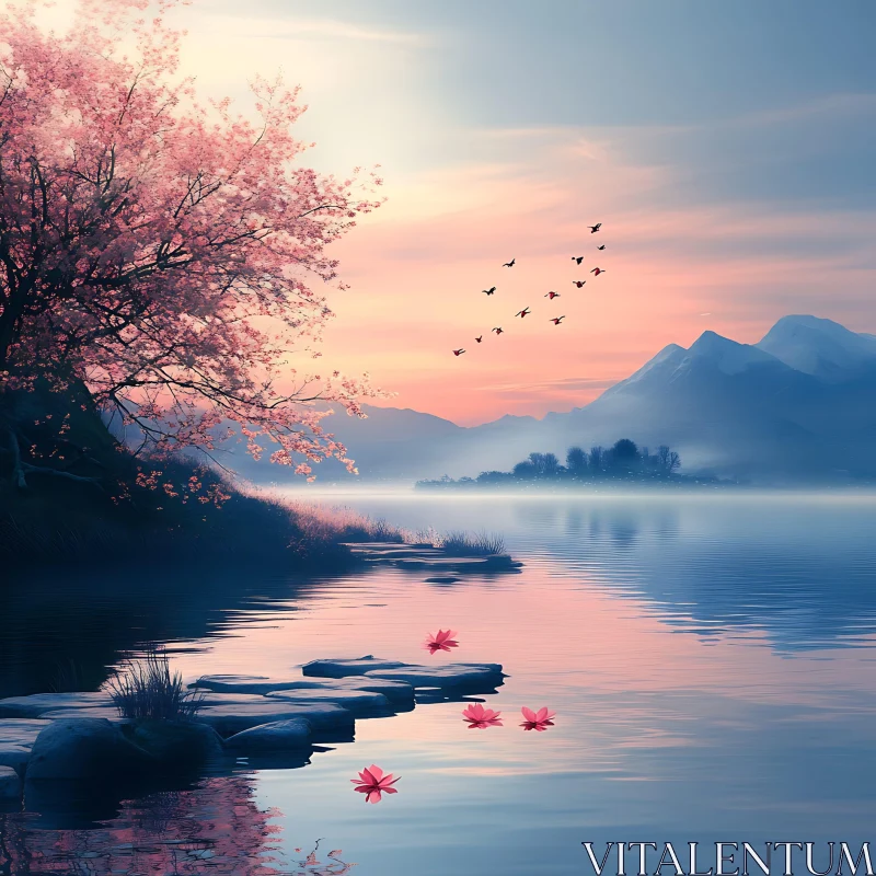 Tranquil Sunset Lake Scene with Cherry Blossoms AI Image