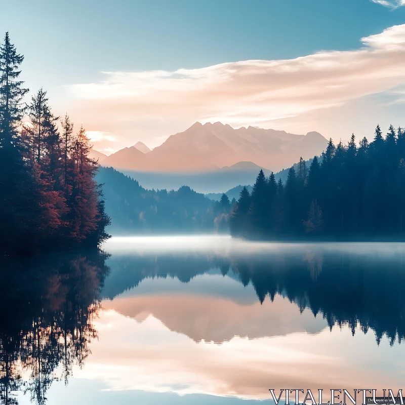 Tranquil Lake with Misty Mountain Backdrop AI Image