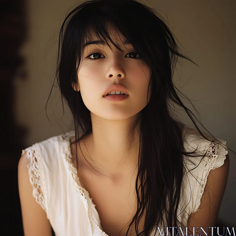 Intimate Portrait of Woman in White Lace Dress AI Image