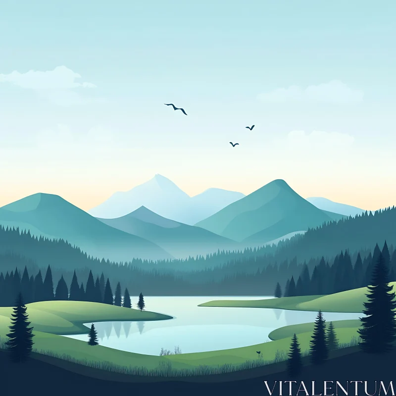 Peaceful Lake Scene with Forested Hills and Mountains AI Image