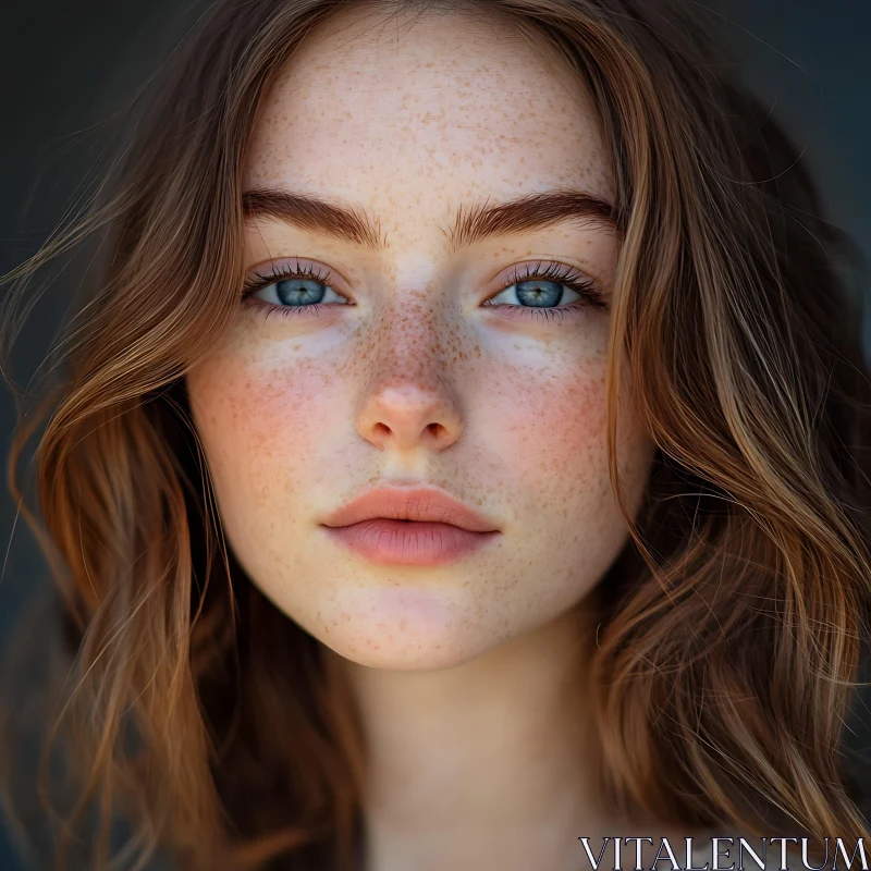 Portrait of a Freckled Woman with Blue Eyes and Auburn Hair AI Image